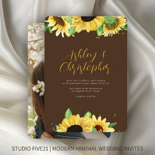 Invitación Elegante Boda Rústico de Fotografía Marrón Girasol