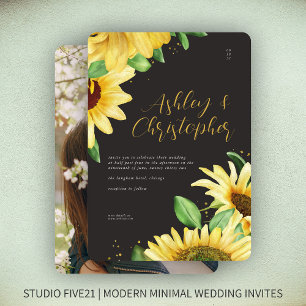 Invitación Elegante Boda Rústico de Fotografía Negra Girasol