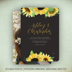 Invitación Elegante Boda Rústico de Fotografía Negra Girasol