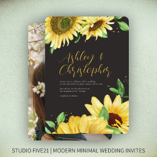 Invitación Elegante Boda Rústico de Fotografía Negra Girasol