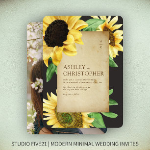 Invitación Elegante Boda Rústico de Fotografía Negra Girasol