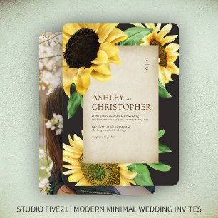 Invitación Elegante Boda Rústico de Fotografía Negra Girasol