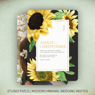 Invitación Elegante Boda Rústico de Fotografía Negra Girasol