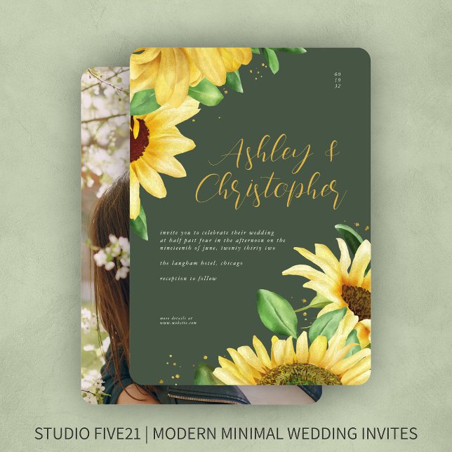 Invitación Elegante Boda Rústico de Fotos de Girasol Verde (Subido por el creador)
