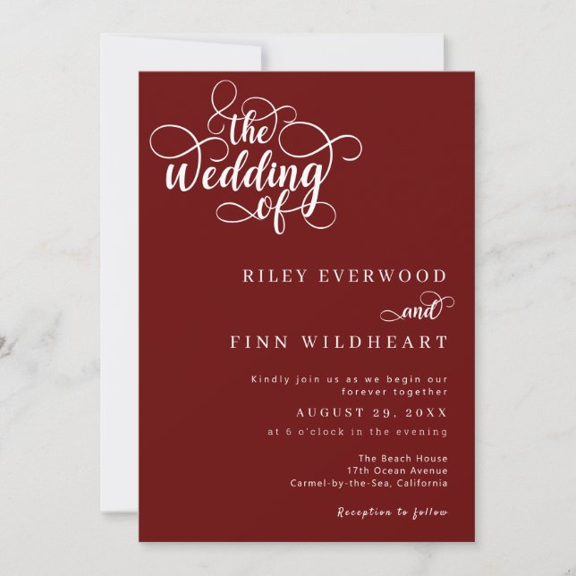 Invitación Elegante Boda Rústico de Guión Blanco y Rojo (Anverso)