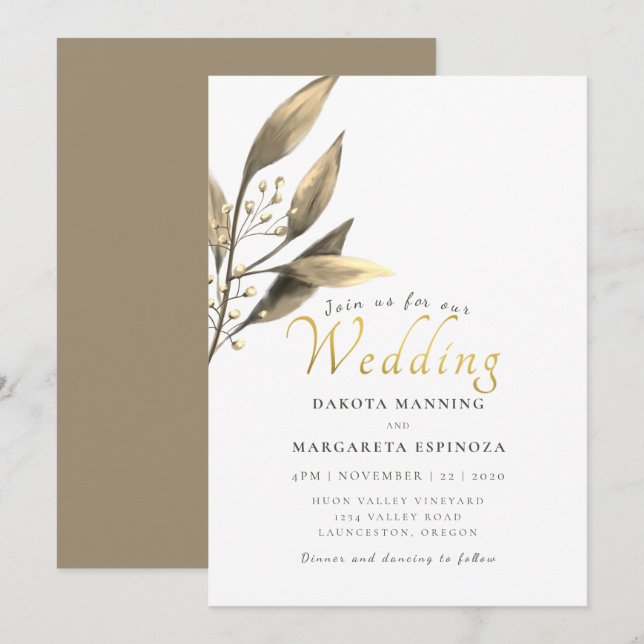 Invitación Elegante boda rústico de guion dorado de hoja marr (Anverso / Reverso)