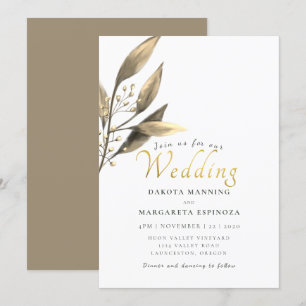 Invitación Elegante boda rústico de guion dorado de hoja marr