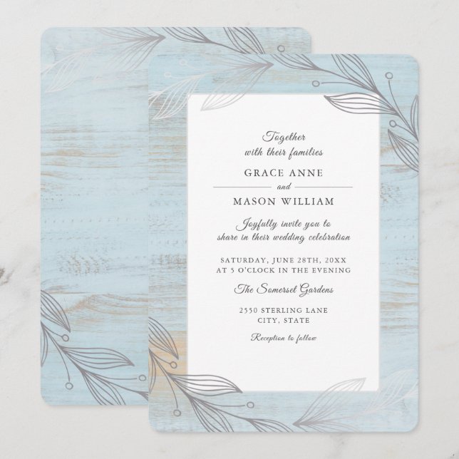 Invitación Elegante Boda rústico de hojas botánicas plateadas (Anverso / Reverso)
