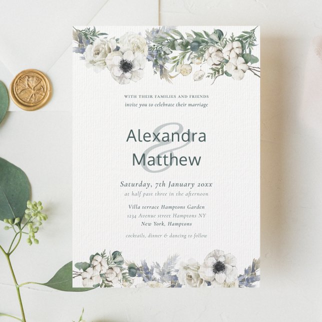 Invitación Elegante Boda Rústico de las Flores de Invierno (Elegant Winter Flowers Rustic Wedding Invitation)