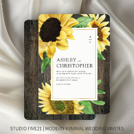 Invitación Elegante Boda Rústico de Madera de Girasol