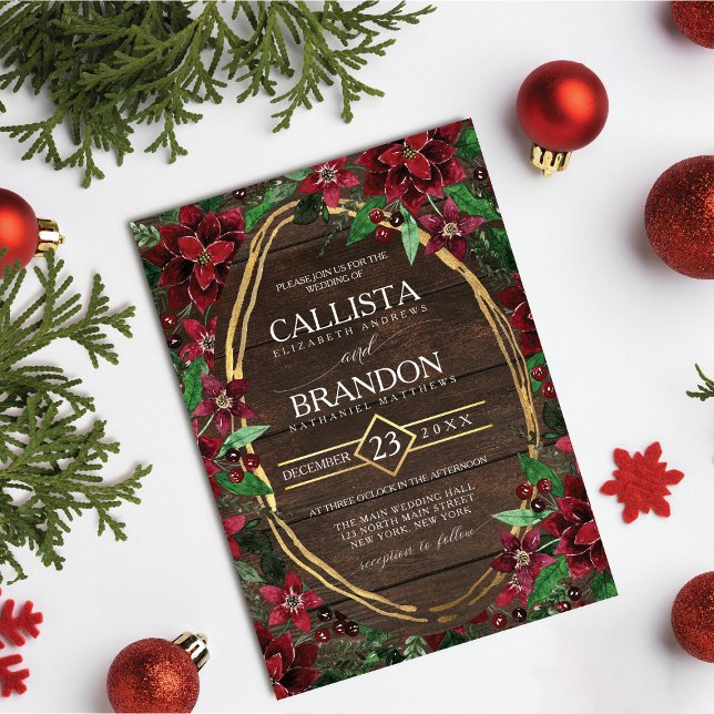 Invitación Elegante Boda Rústico de Madera Floral de Poinsett (Subido por el creador)