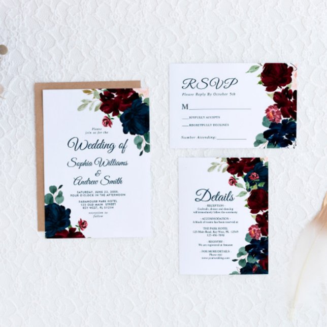 Invitación Elegante Boda Rústico de Marsala y Flores Navales (Subido por el creador)