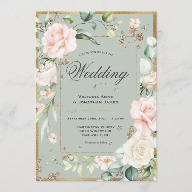 Invitación Elegante Boda Rústico de Oro Floral Verde (Anverso)