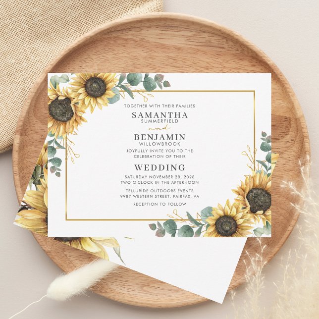 Invitación Elegante Boda Rústico del Girasol (Floral Sunflower Eucalyptus Greenery Watercolor Wedding Invitation)