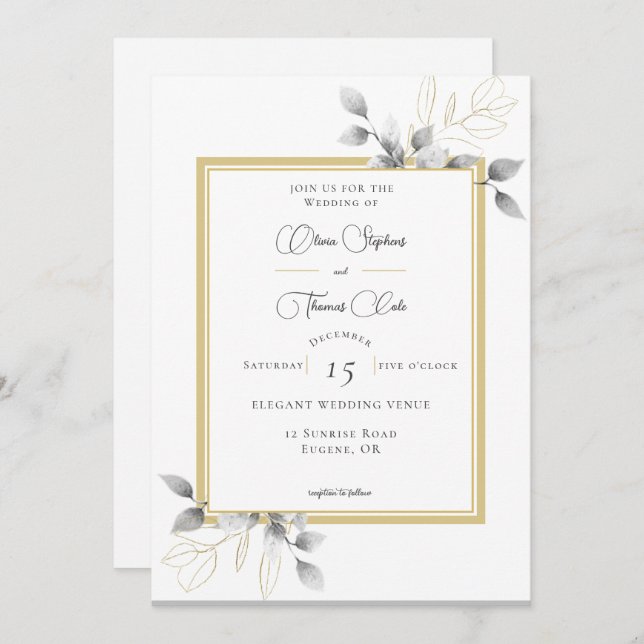 Invitación Elegante Boda Rústico Eucalyptus Calligraphy Gold (Anverso / Reverso)