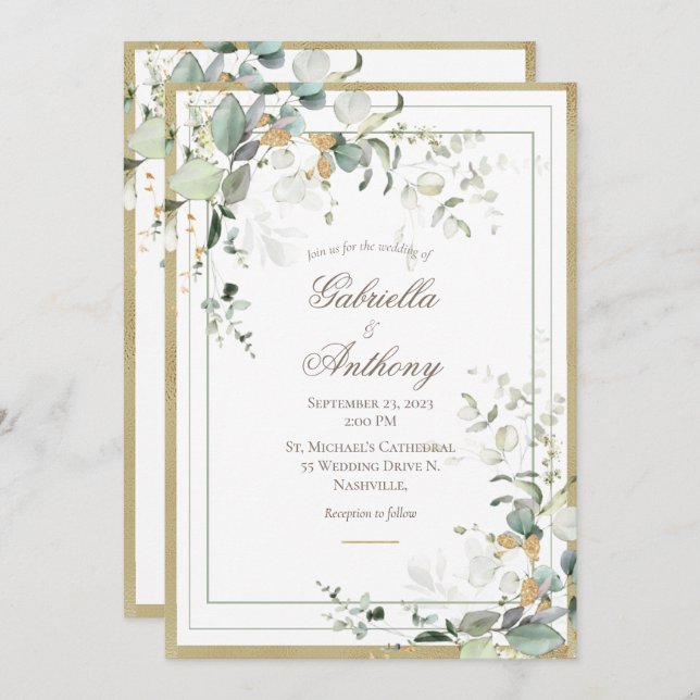 Invitación Elegante Boda Rústico Eucalyptus Greenery Gold (Anverso / Reverso)