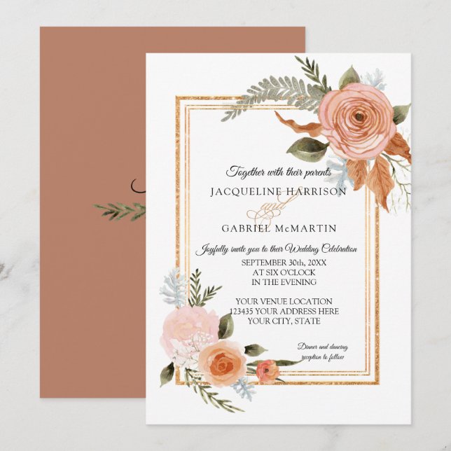 Invitación Elegante Boda Rústico Fall Floral Copper Gold (Anverso / Reverso)