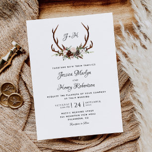 Invitación Elegante Boda Rústico Floral Antlers