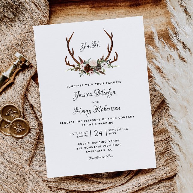 Invitación Elegante Boda Rústico Floral Antlers (Subido por el creador)