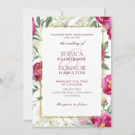 Invitación Elegante Boda Rústico Floral Borgoña Rosa