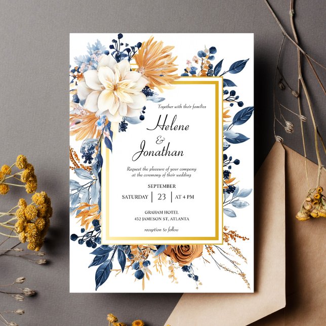 Invitación Elegante Boda Rústico Floral de la Marina Azul Ter (Elegant Rustic Floral Navy Blue Terracotta Wedding Invitation)