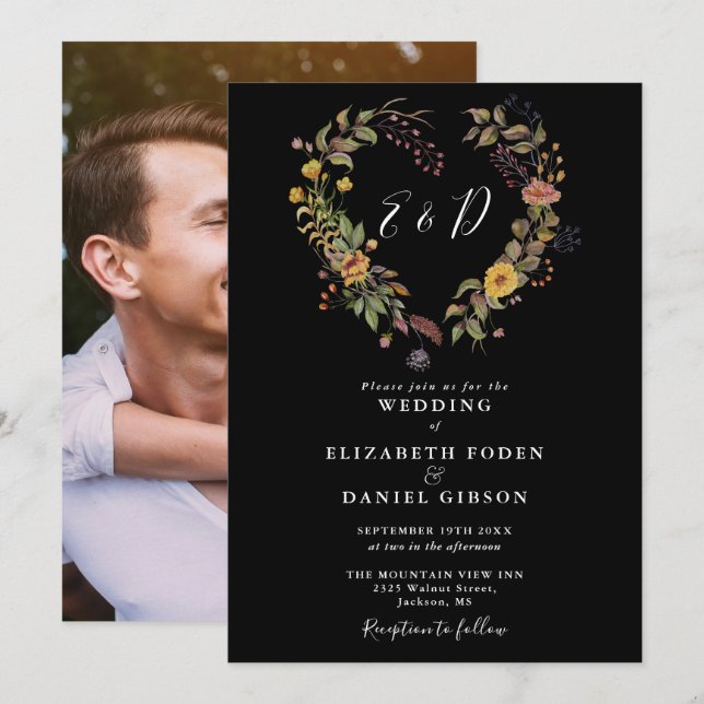 Invitación Elegante Boda Rústico Floral Heart Photo (Anverso / Reverso)