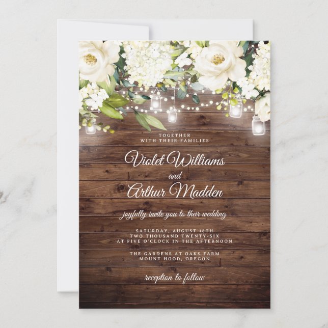 Invitación Elegante Boda Rústico Floral String Lights (Anverso)