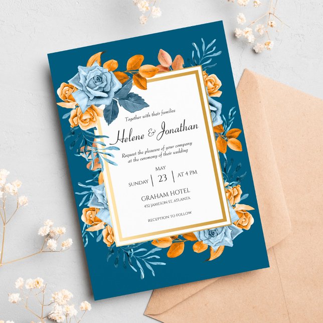 Invitación Elegante Boda Rústico Indigo Floral Boho (Elegant Rustic Indigo Rust Floral Boho Wedding Invitation)