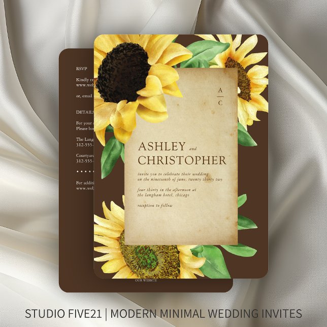 Invitación Elegante Boda Rústico Marrón Girasol todo en uno (Subido por el creador)