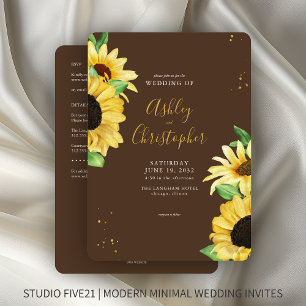 Invitación Elegante Boda Rústico Marrón Girasol todo en uno