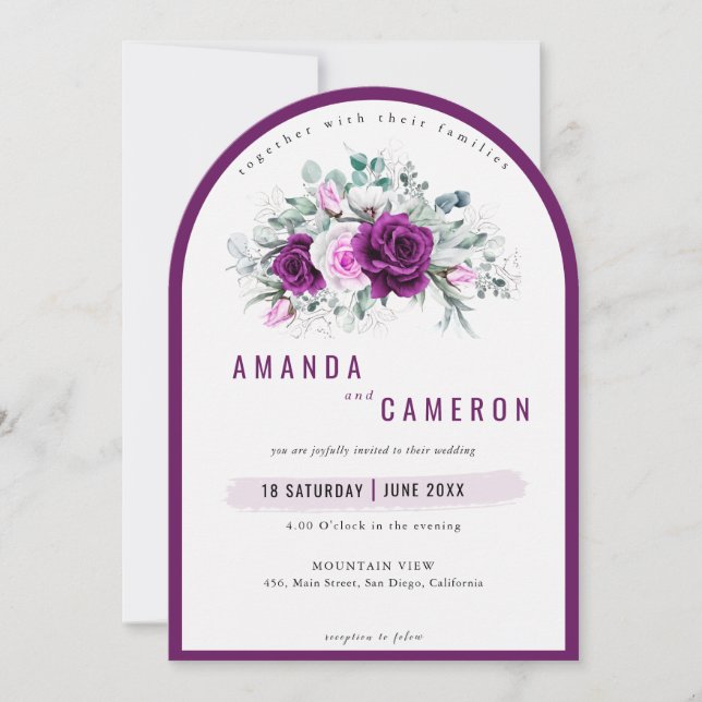 Invitación Elegante Boda Rústico Morado Rubor Floral Photo (Anverso)