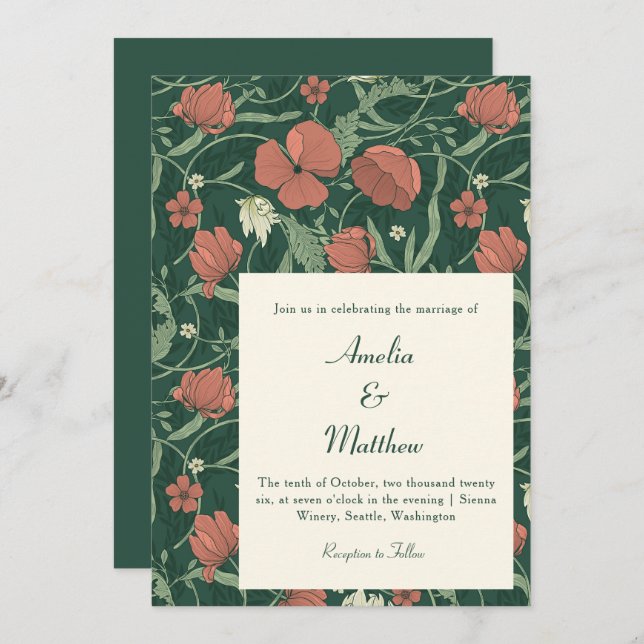 Invitación Elegante Boda Rústico Rústico Verde Floral (Anverso / Reverso)