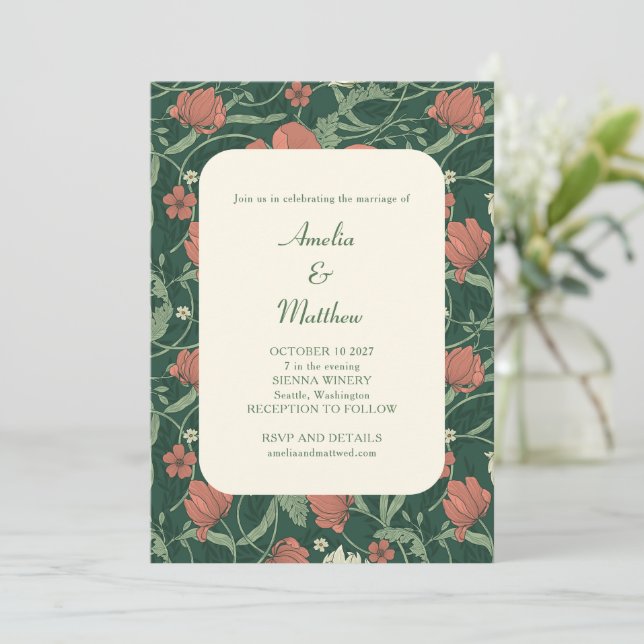 Invitación Elegante Boda Rústico Verde Floral todo en uno (Anverso de pie)
