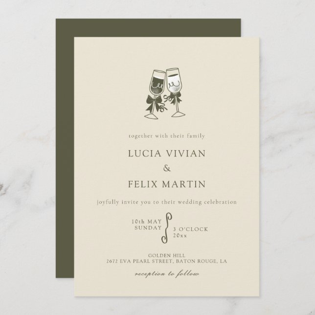 Invitación Elegante Boda Sage Green Champagne (Anverso / Reverso)