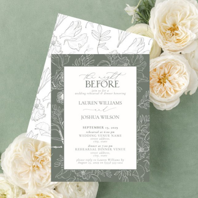 Invitación Elegante Boda Sage Green Floral Ensayo Cena (Subido por el creador)