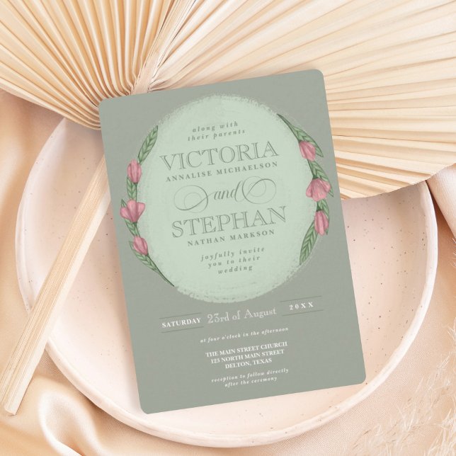 Invitación Elegante Boda Sage Green Pink Floral (Subido por el creador)