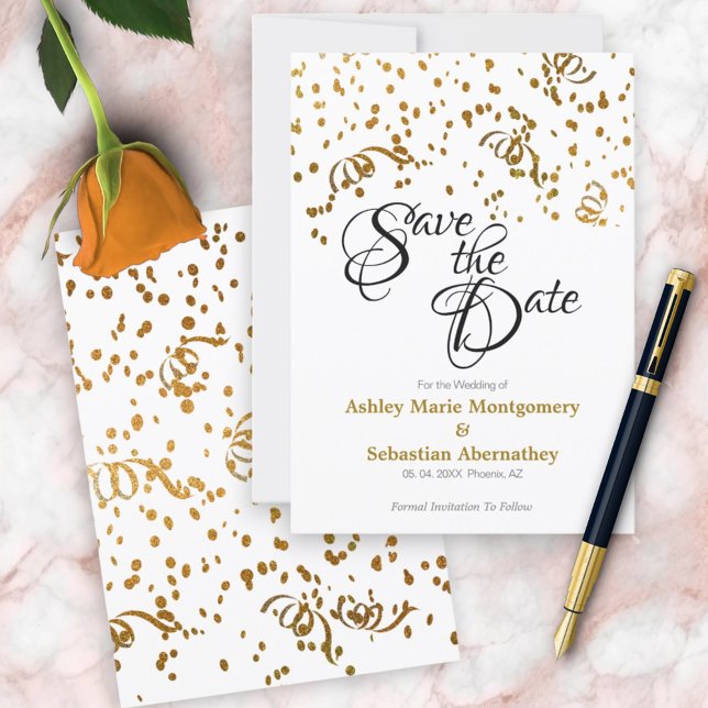 Invitación Elegante Boda Salvar el Confeti de oro de fecha (front and back save the date invitation)
