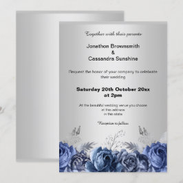 INVITACIÓN ELEGANTE BODA SENCILLO DE FLORES AZULES DE PLATA D