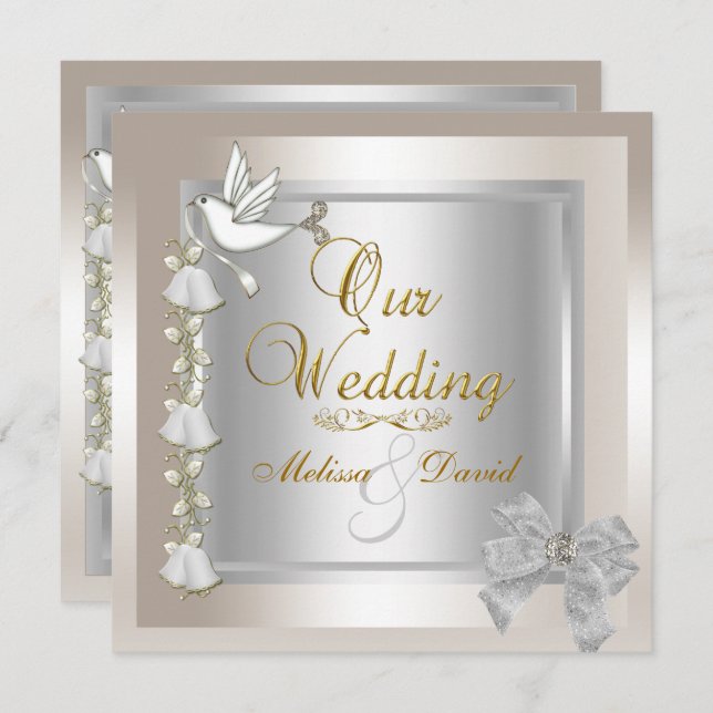Invitación Elegante Boda Sepia Plata Dorada Paloma Blanco (Anverso / Reverso)