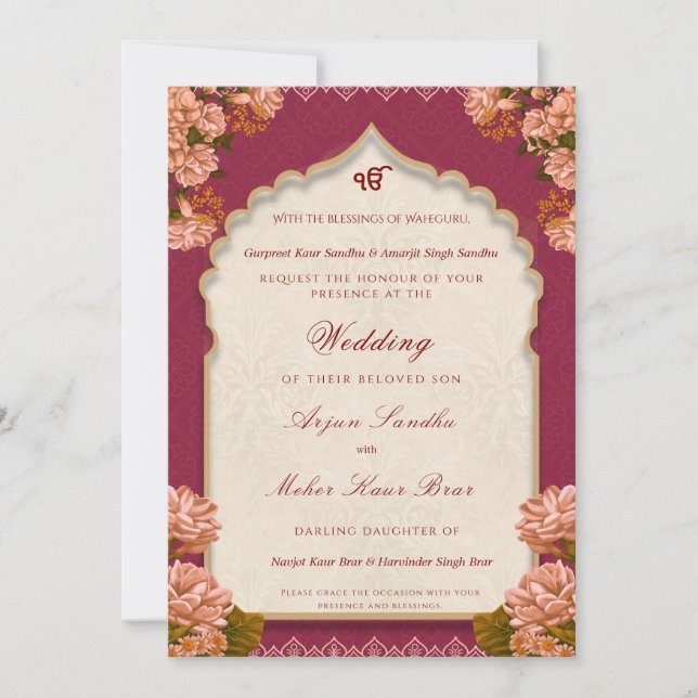 Invitación Elegante Boda Sikh Floral | Boda Punjabi (Anverso)