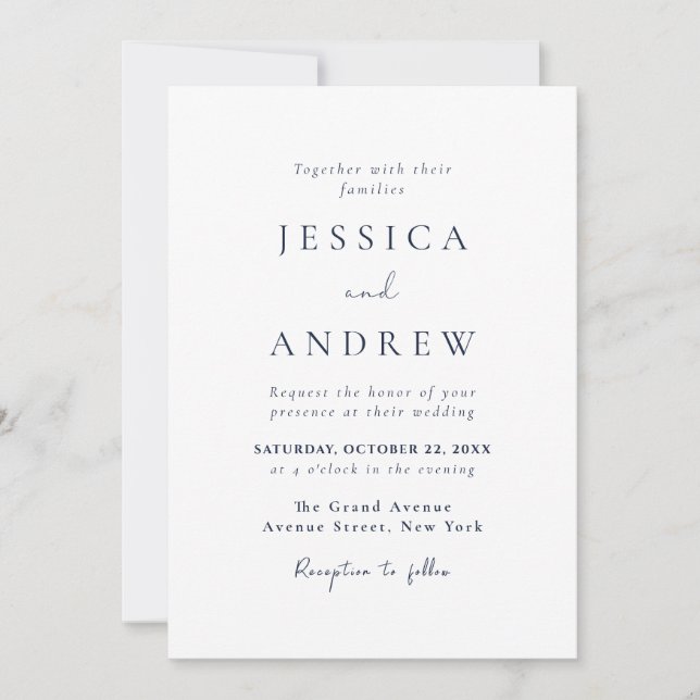 Invitación Elegante Boda simple azul y blanco de la Marina (Anverso)