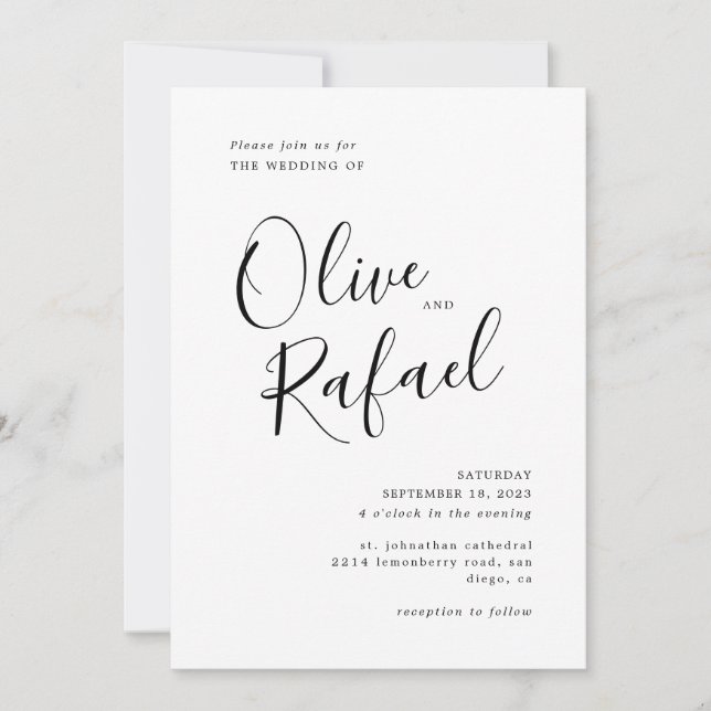 Invitación Elegante Boda simple caligrafía negra (Anverso)