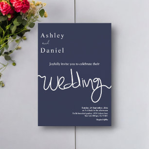 Invitación Elegante Boda simple de caligrafía blanca azul de 