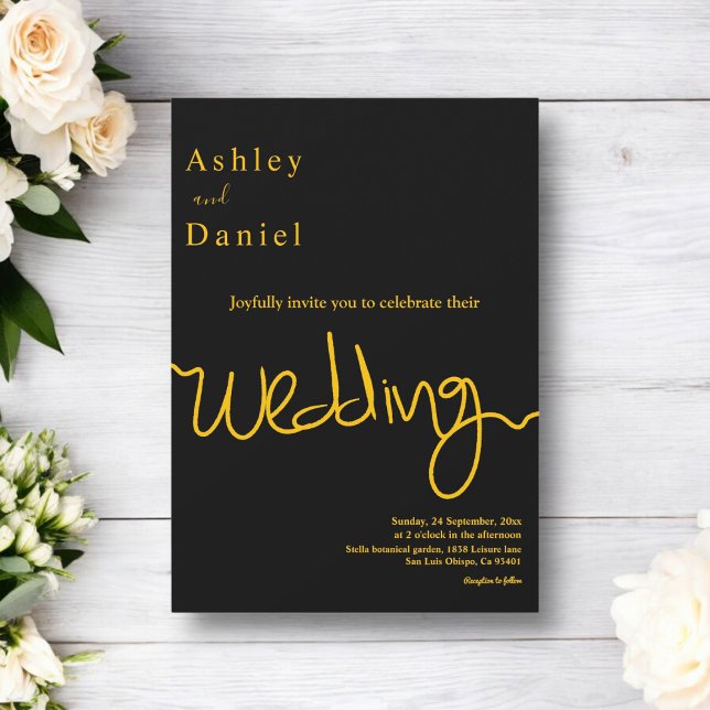 Invitación Elegante Boda Simple De Caligrafía Negra Y Oro (Subido por el creador)