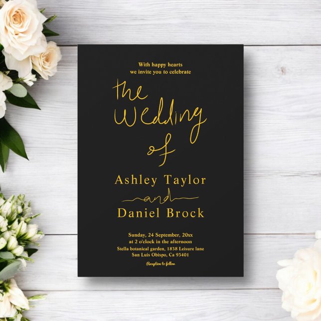 Invitación Elegante Boda Simple De Caligrafía Negra Y Oro (Subido por el creador)