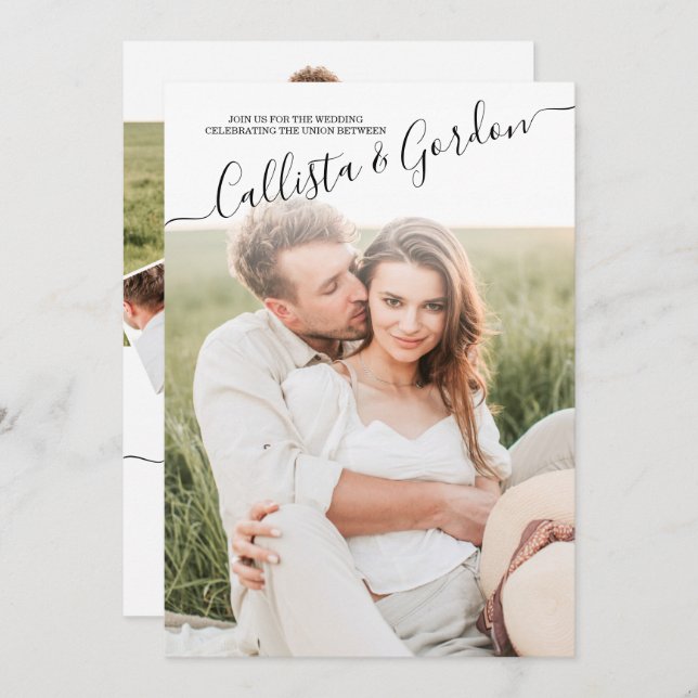 Invitación Elegante Boda simple de Collage de fotos con guion (Anverso / Reverso)