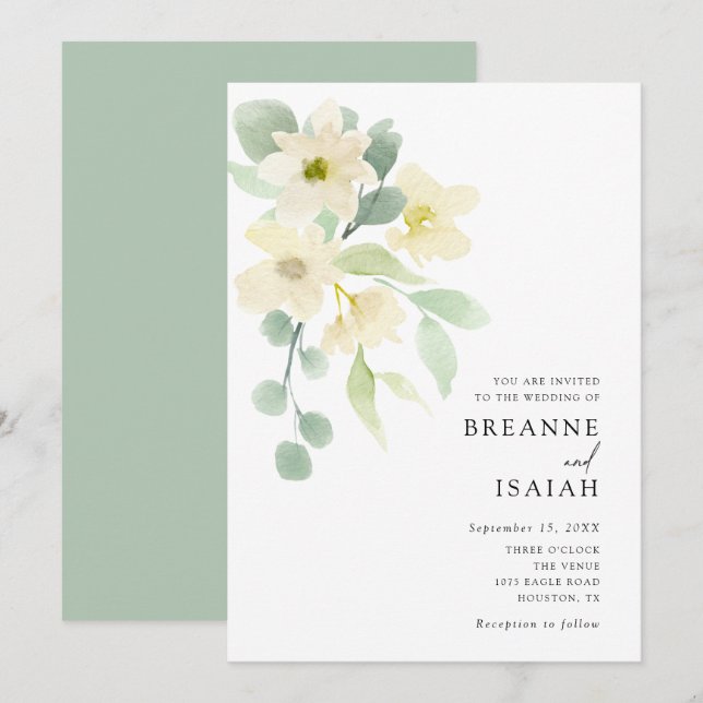 Invitación Elegante Boda simple de color de agua verde | (Anverso / Reverso)