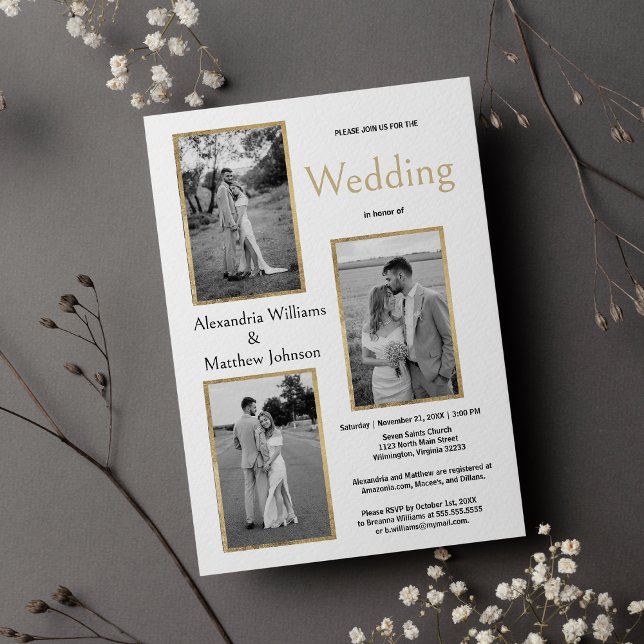 Invitación Elegante Boda simple de fotos de oro blanco negro (Elegant Simple Black White Gold Photo Wedding )