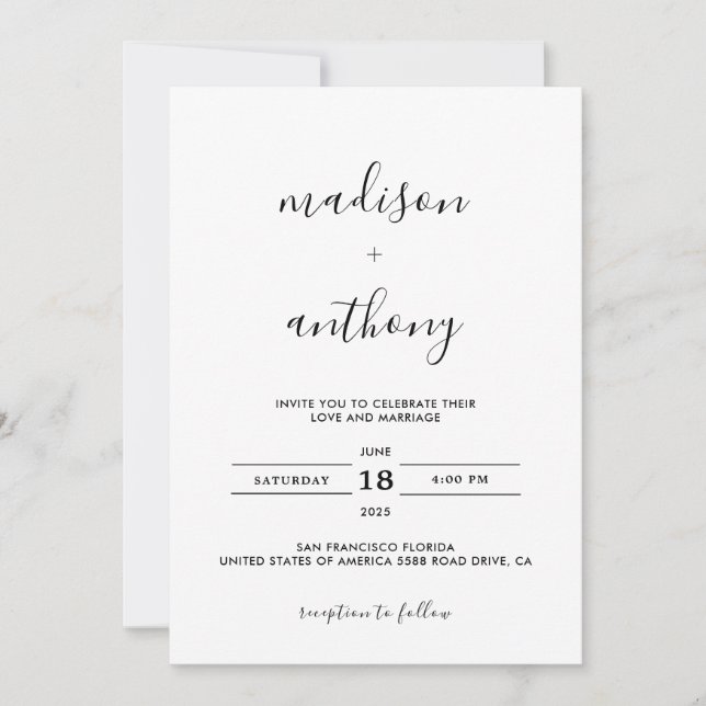 Invitación Elegante Boda simple de guiones modernos (Anverso)