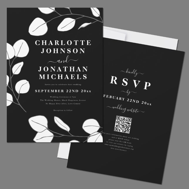 Invitación Elegante Boda simple de hojas negro y blanco (Modern elegant minimalist leaf black and white wedding invitation with RSVP online website QR Code)